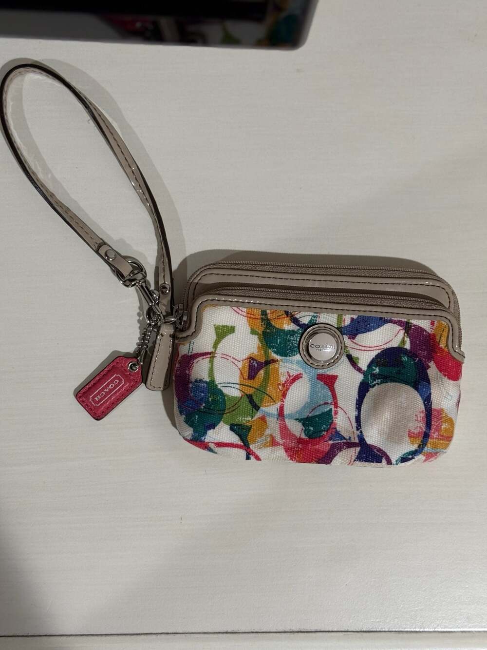 Coach Vintage Signature Graffiti Canvas Double Zip Wristlet with Red Lining